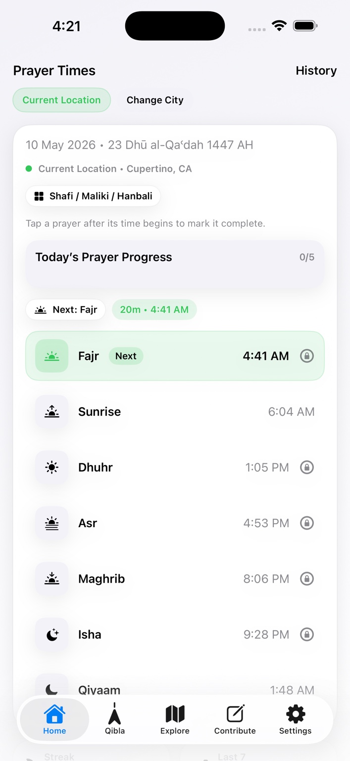 Actual Ultimate Muslim Companion HomeView screenshot showing prayer times, current location, prayer progress, next prayer, prayer list, and bottom navigation.