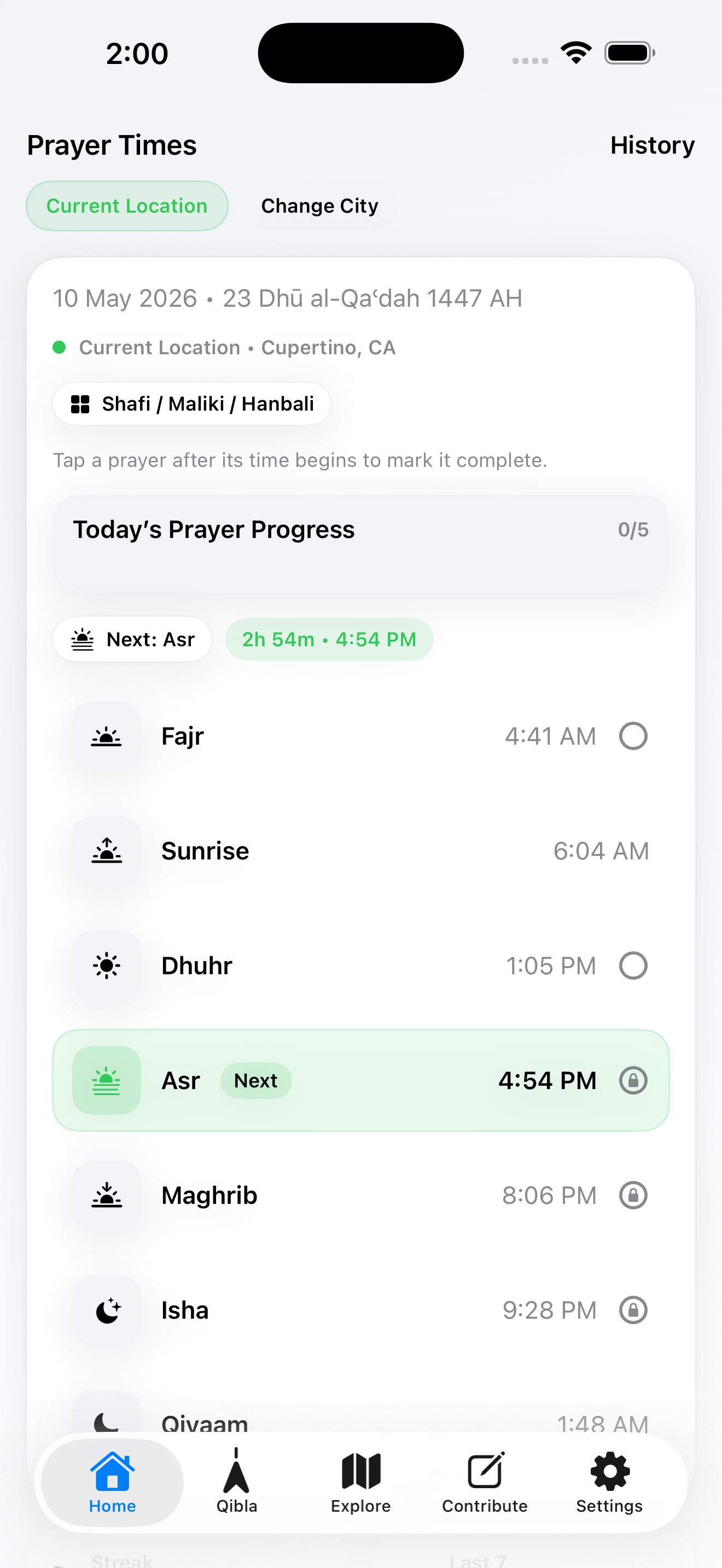 Actual Ultimate Muslim Companion HomeView screenshot showing prayer times, current location, prayer progress, next prayer, prayer list, and bottom navigation.